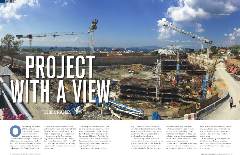The print edition of Construction Business News ME featuring Raimondi Cranes on the jobsite.