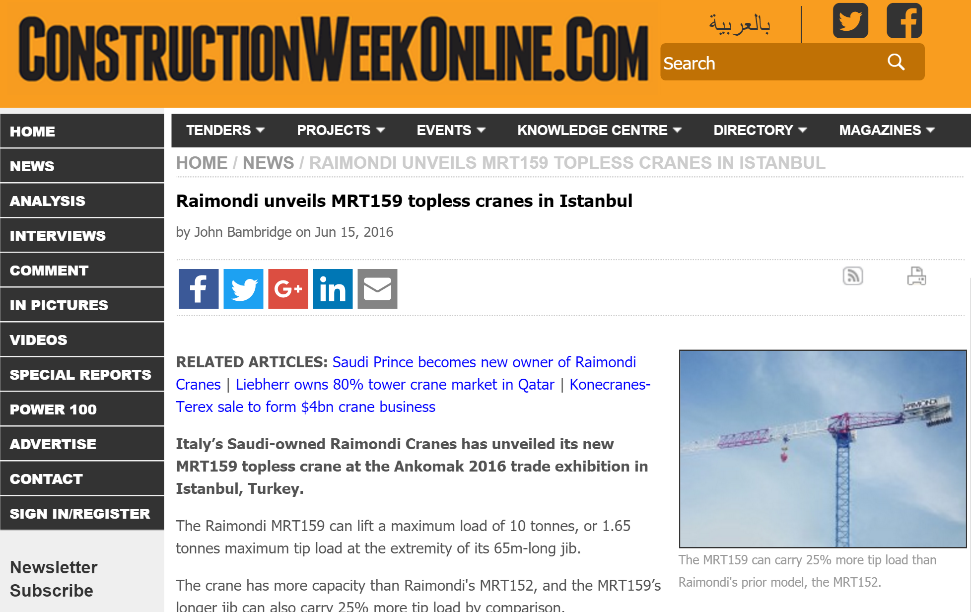 Construction Week Online: Raimondi Cranes has unveiled its new MRT159 at Ankomak 2016 trade exhibition