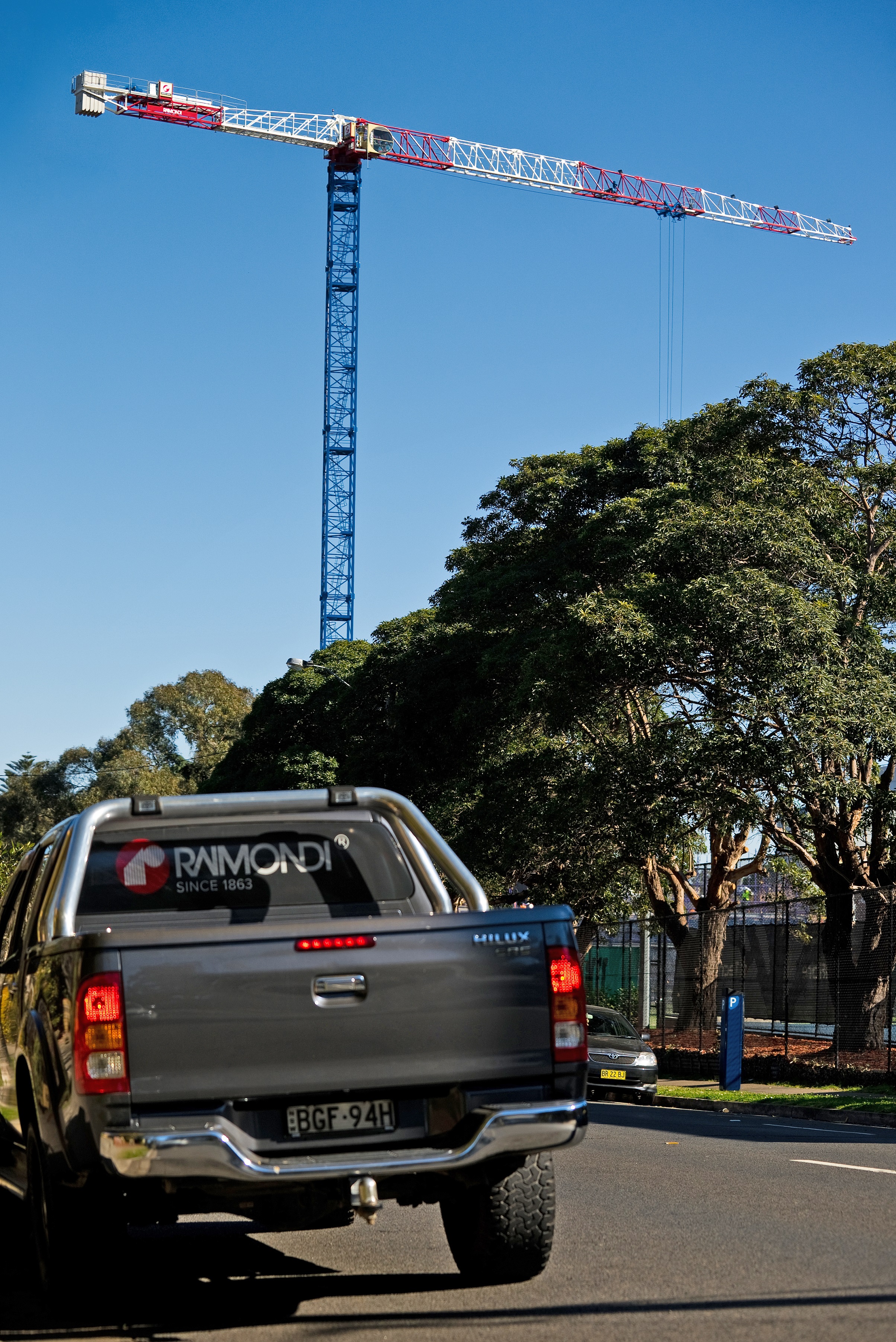 Raimondi MRT84 maximum capacity 5 tonne, 1.37 tonne at 42 meter jib tip, 41 meter HUH erected at Parramatta Road, Burwood, New South Wales, Australia 