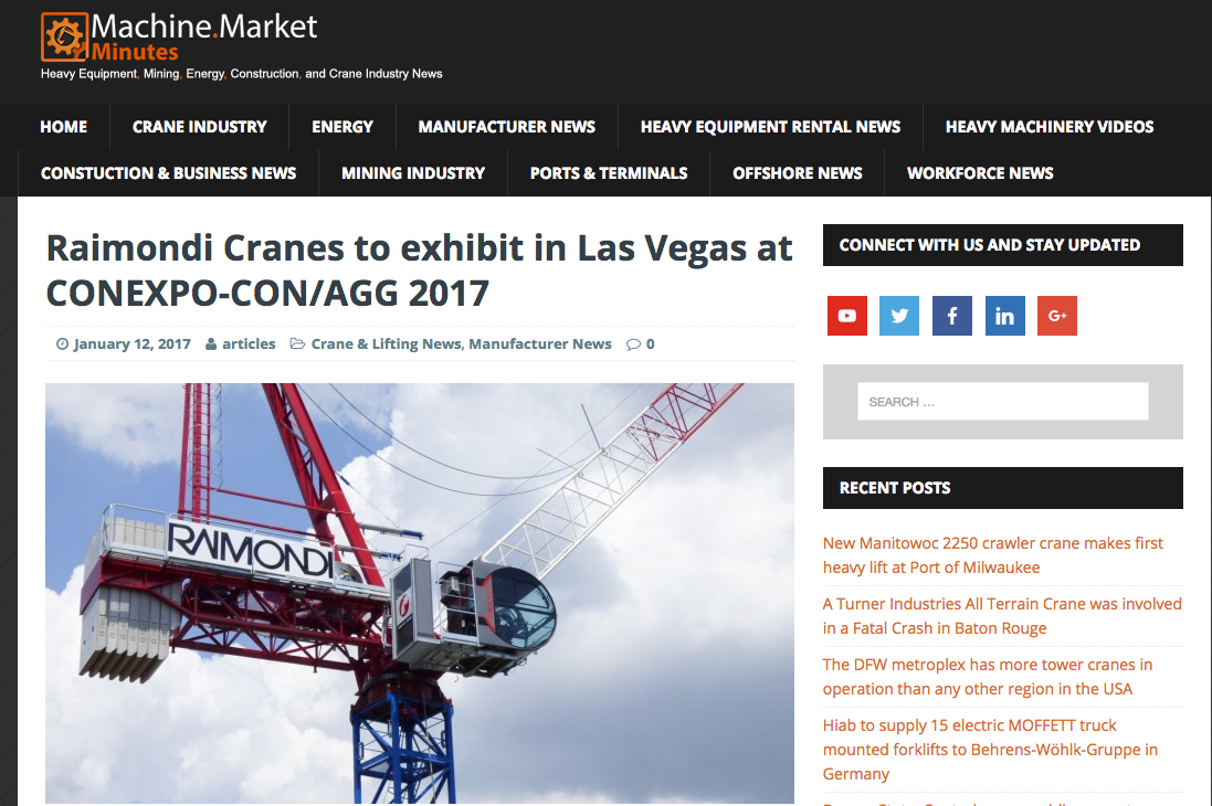 Machine Market: Raimondi Cranes to exhibit in Las Vegas at CONEXPO-CON/AGG 2017
