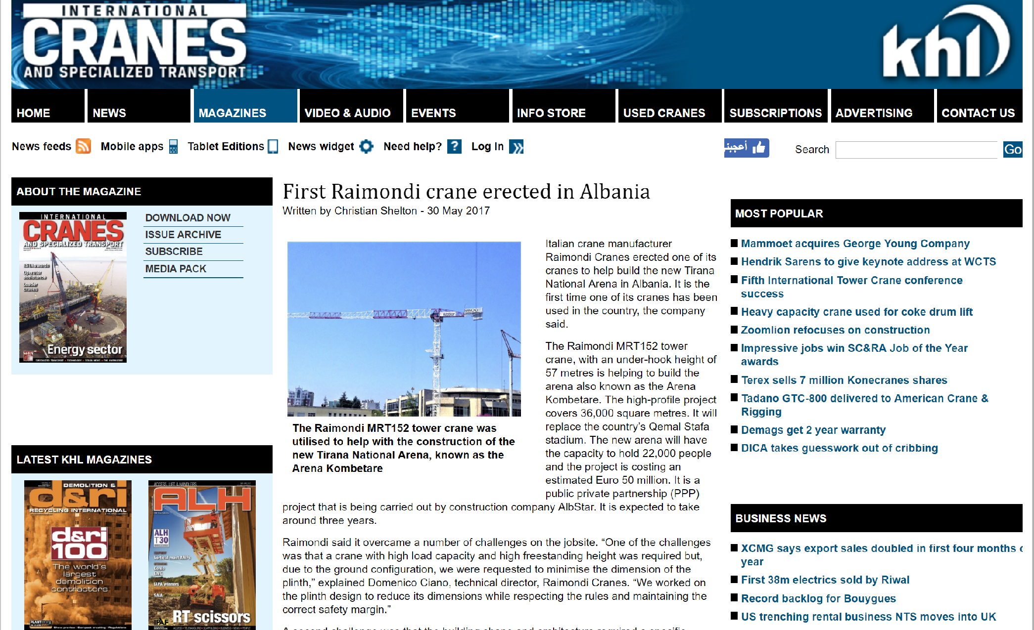 KHL: First Raimondi crane erected in Albania